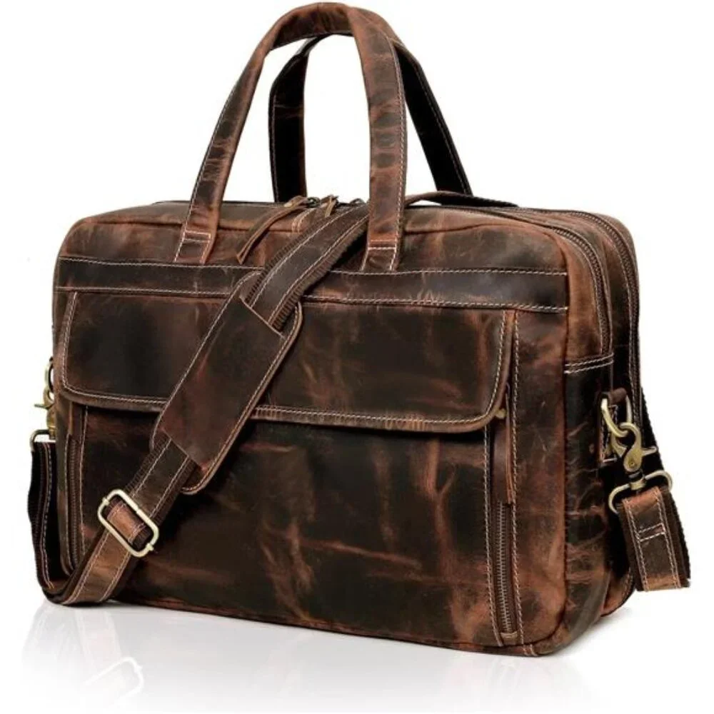 Men's Full Grain Italian Leather Briefcase Laptop Bag with Multiple Compartments